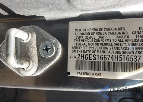 2004 Honda Civic Lx from USA, damaged, VIN 2HGES16674H516537